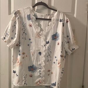 Floral Lace Trim Blouse - White and Blue